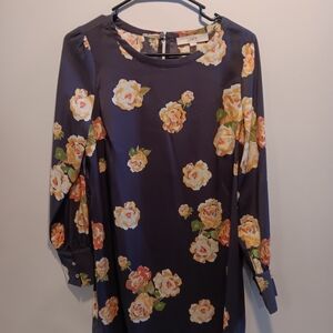 LOFT Gray Dress with Peach and Yellow Floral Pattern